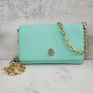 Gently Used Authentic Tory Burch Robinson Leather Wallet on Chain in Mint Green